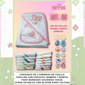 Toallon beybe 3 piezas bordado con babero y babita (98) surtido de colores