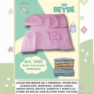 Set Beybe 4 piezas bordado (1655) (Manta, batita, medio oso y gorro) surtido de colores