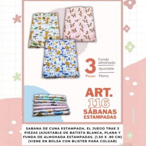 Sabana de cuna estampada 3 piezas Beybe (90 x 1.50cm) Art.116 Surtido de colores