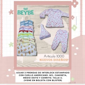 Set 3 piezas (camiseta, medio oso y gorrito) beybe art 1000 surtido de colores