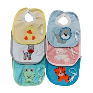 Babero bordado de toalla y plastico con portachupete July Baby Art.110 Pack x6