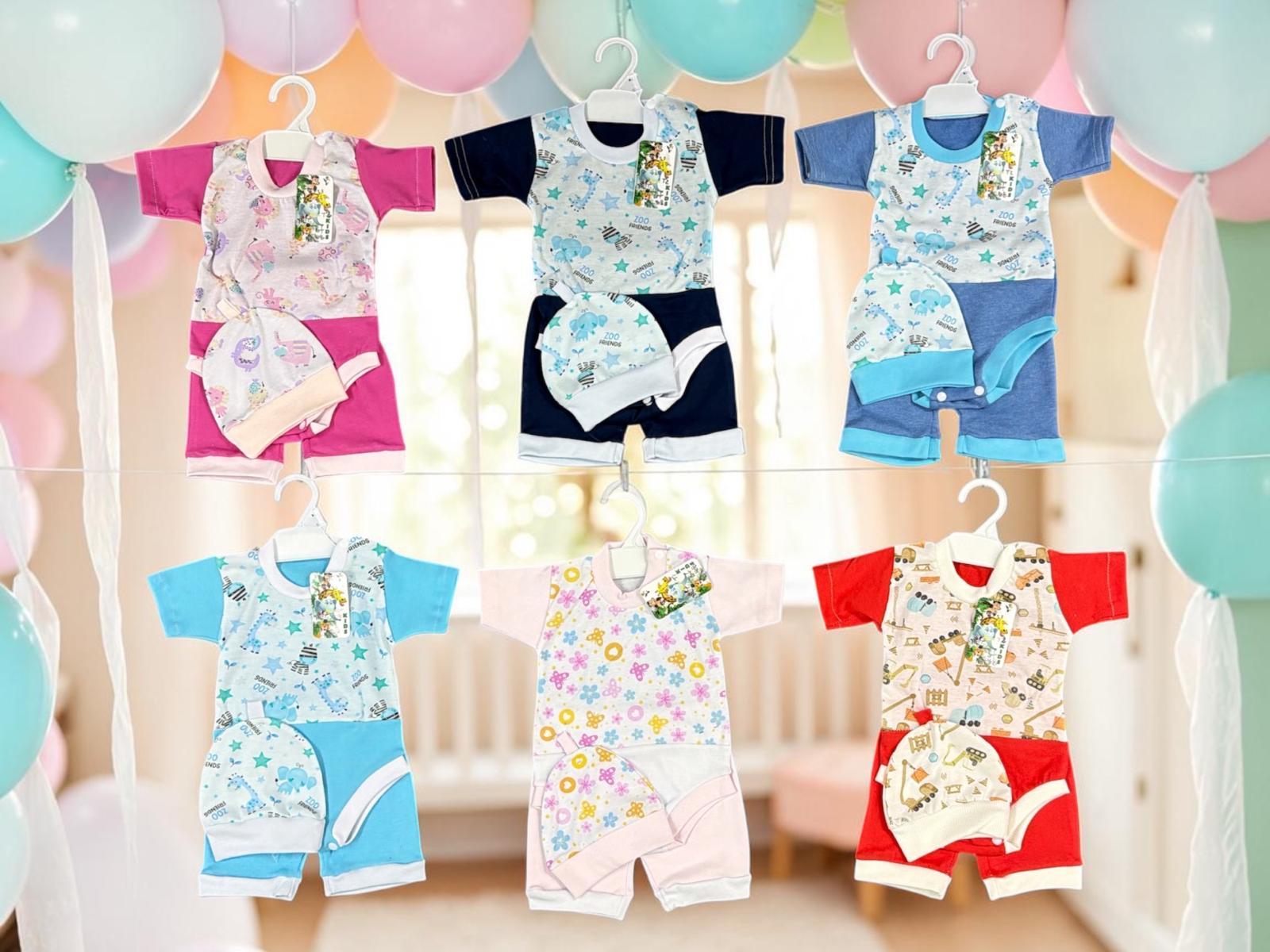 Conjunto manga corta Andy (Body con short y gorro) T.(0-1-2) Pack x 6 SURTIDO COLORES