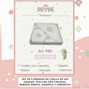 Set en caja de baño Beybe 5 piezas (Toallón, Babero, Babita, Manopla y jabón) Art.980