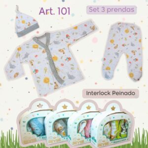 Set en Caja 3 piezas Beybe Interlock peinado (batita, medio oso y gorro) Art.101