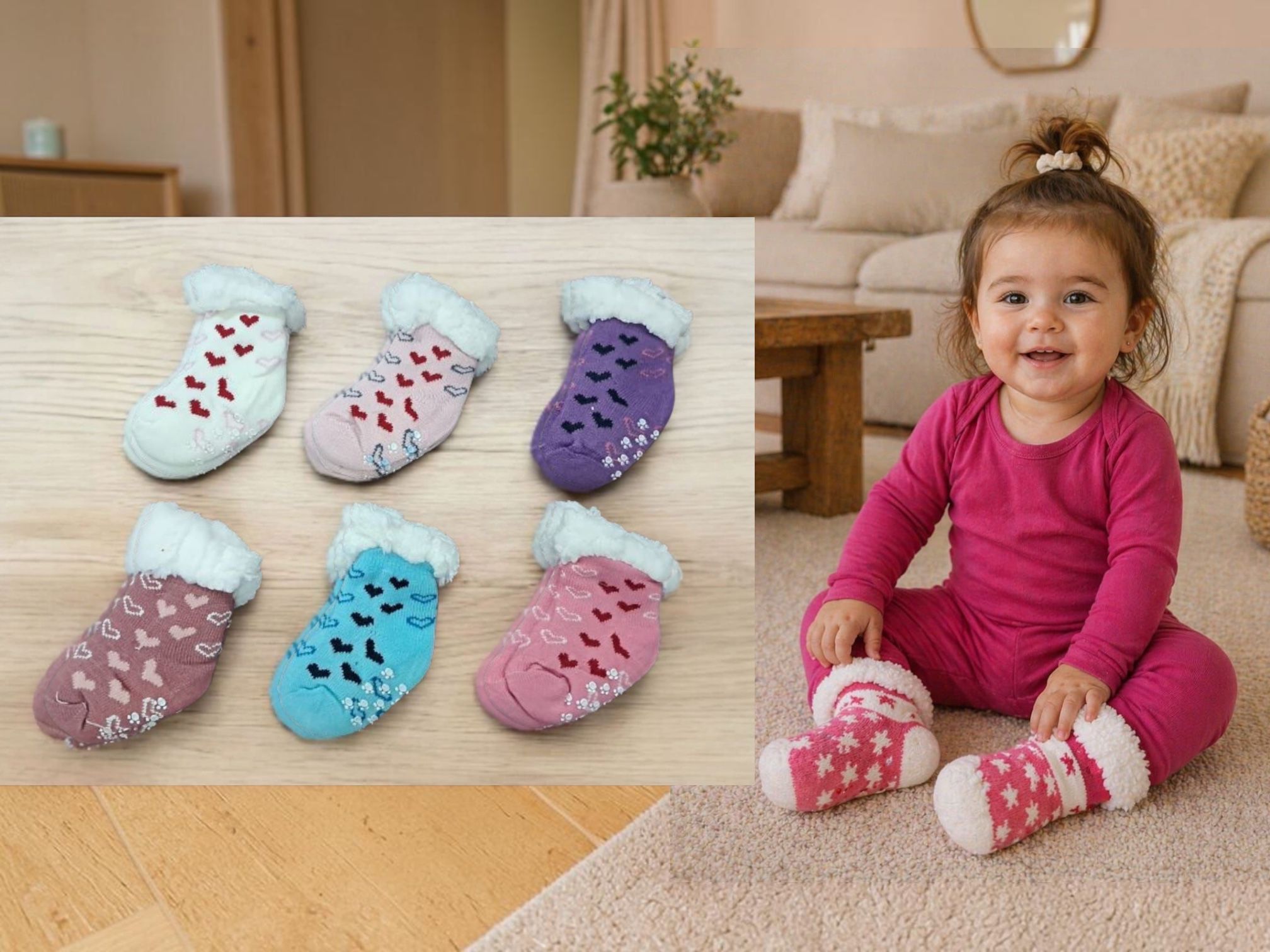Medias Pantufla Antideslizante Con Corderito NENA Talle Unico (Hasta los 2 años) Pack x 6