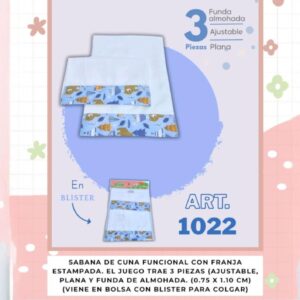 Sabana de cuna funcional (1.65 x 1.15cm) con franja estampada 3 piezas Beybe Art.1022 Surtido de colores