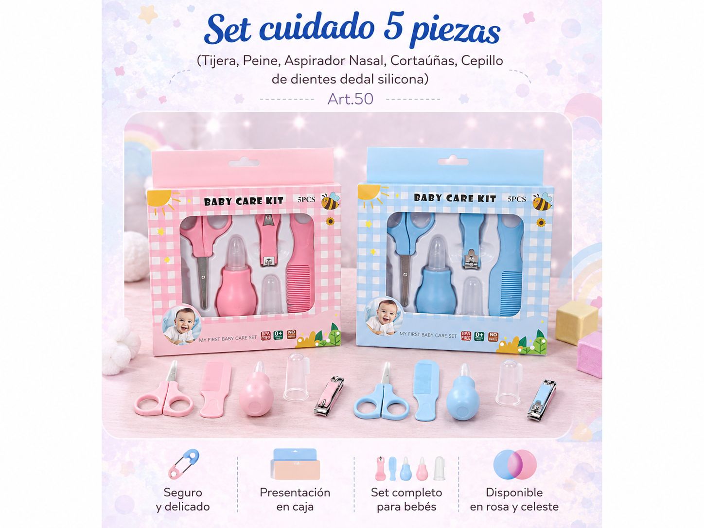 Set cuidado bebe 5 piezas "Andy" (Tijera, Peine, aspirador nasal, cortauñas, cepillo de dientes dedal silicona) Art.50