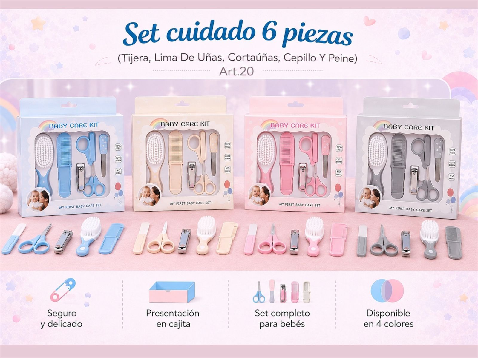 Set cuidado bebé 6 piezas "ANDY" (Tijera, lima de uñas, cortaúñas, cepillo y peine) Art.20