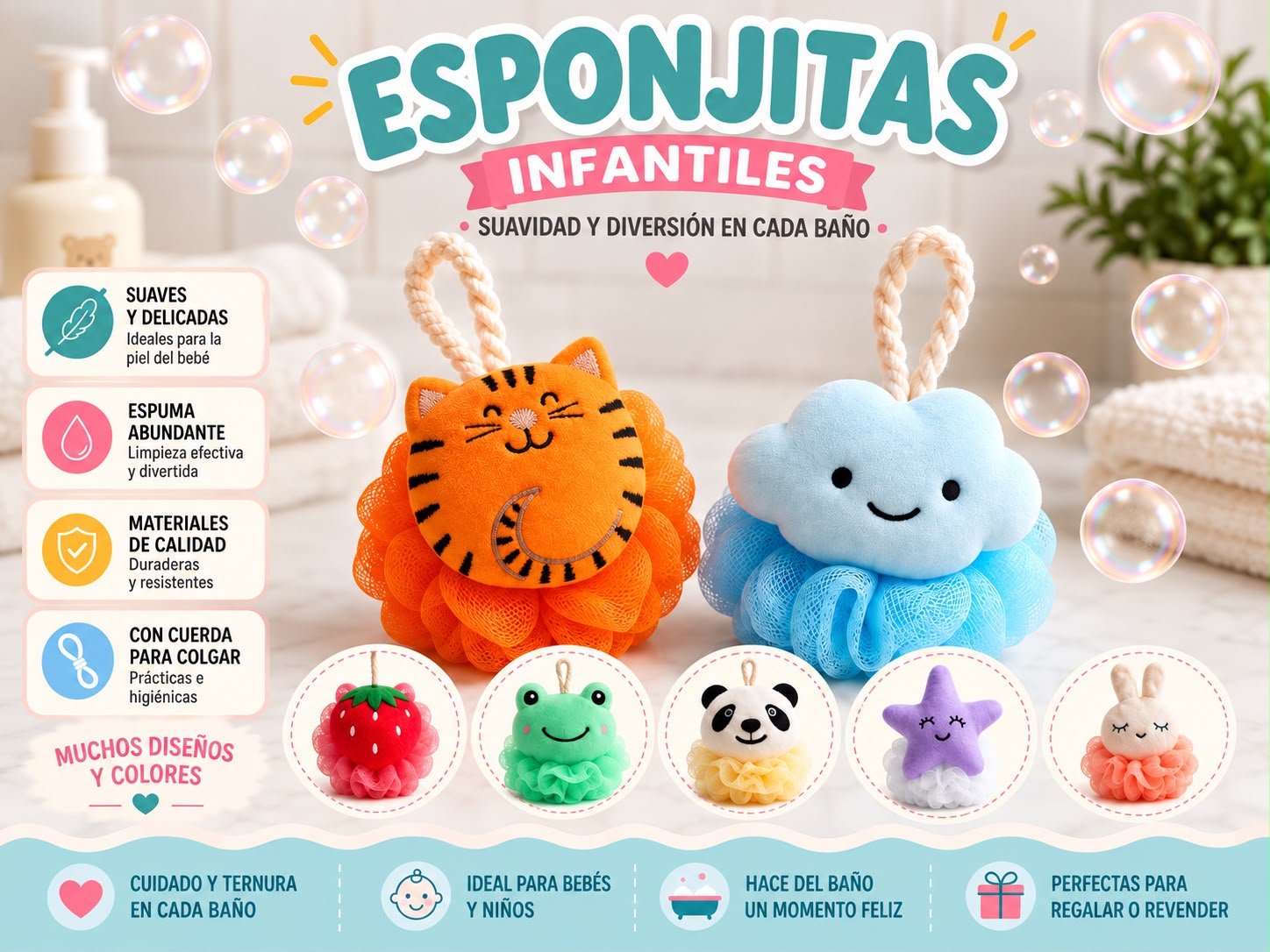 Esponja de baño Infantil Pompón "Analia Babies" Surtido de Colores Pack x 6