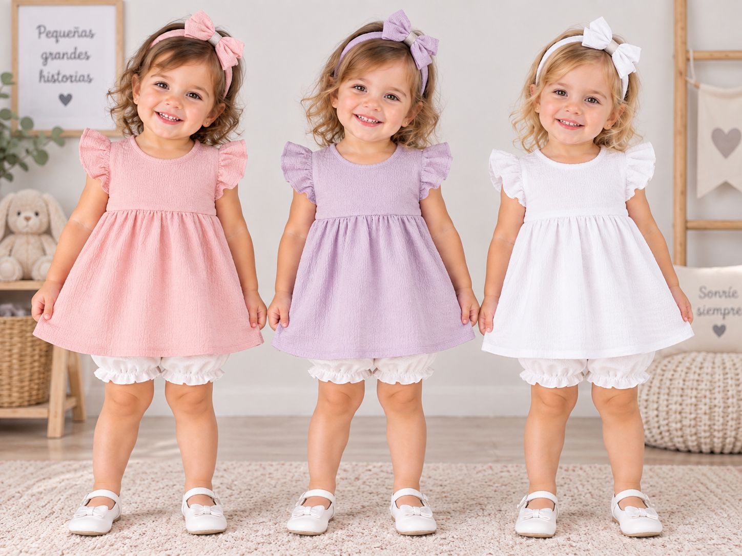 Vestido "Cloque" con vincha y bombachon "Os Babies" T.(0 al 3)(Hasta 24 meses aprox)