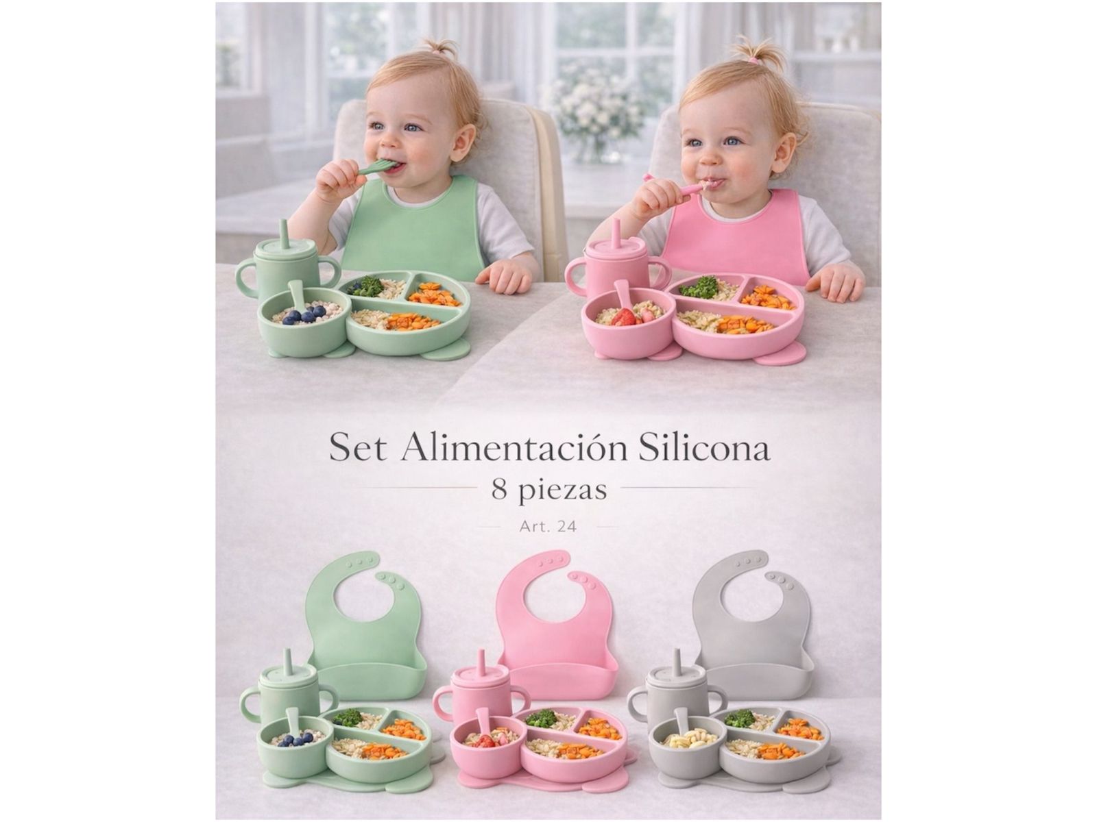 Set 8 piezas Silicona (Babero, plato, bowl, vaso y 2 set de cubiertos) Art.24 COLOR GRIS