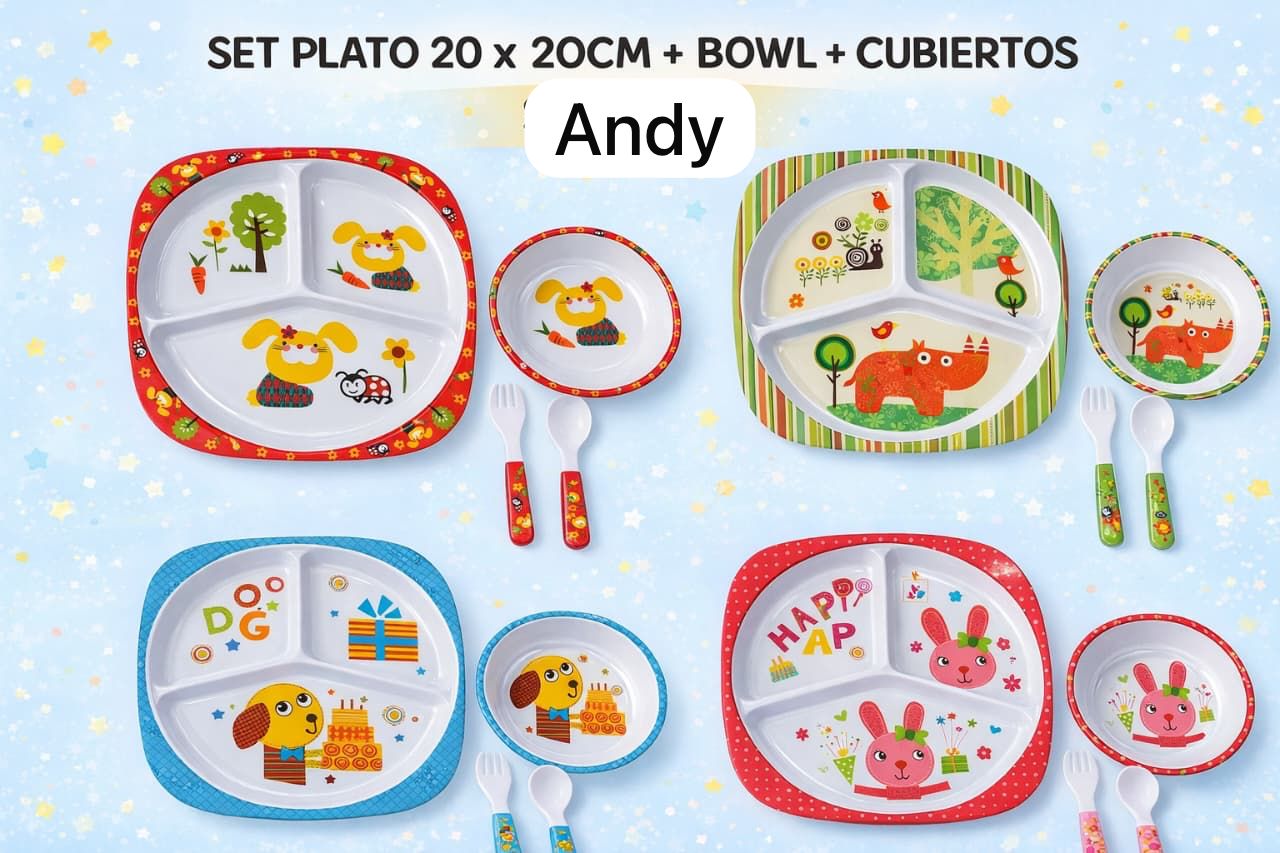 Set Melamina (Plato Circular, bowl y cubiertos) “Analia Babies” Surtido de Colores
