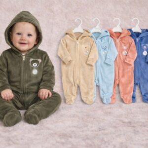 Entero de Plush con cierre y capucha “July Baby” T.(0-3/3-6/6-9 meses)