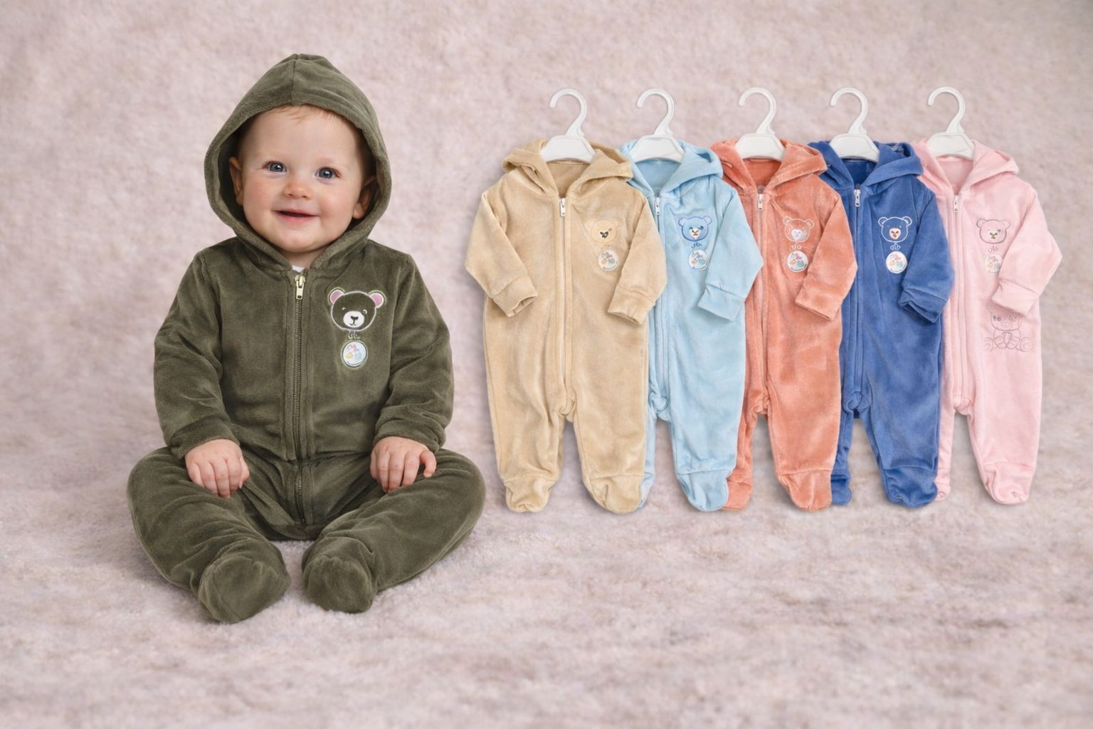 Entero de Plush con cierre y capucha “July Baby” T.(0-3/3-6/6-9 meses)