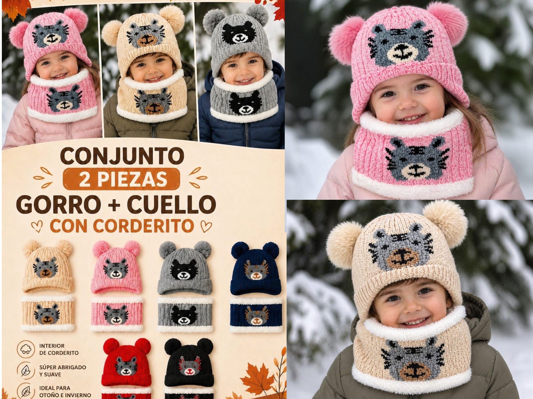 Set Gorro + Cuellito lana con corderito “Analia Babies” Surtido de colores