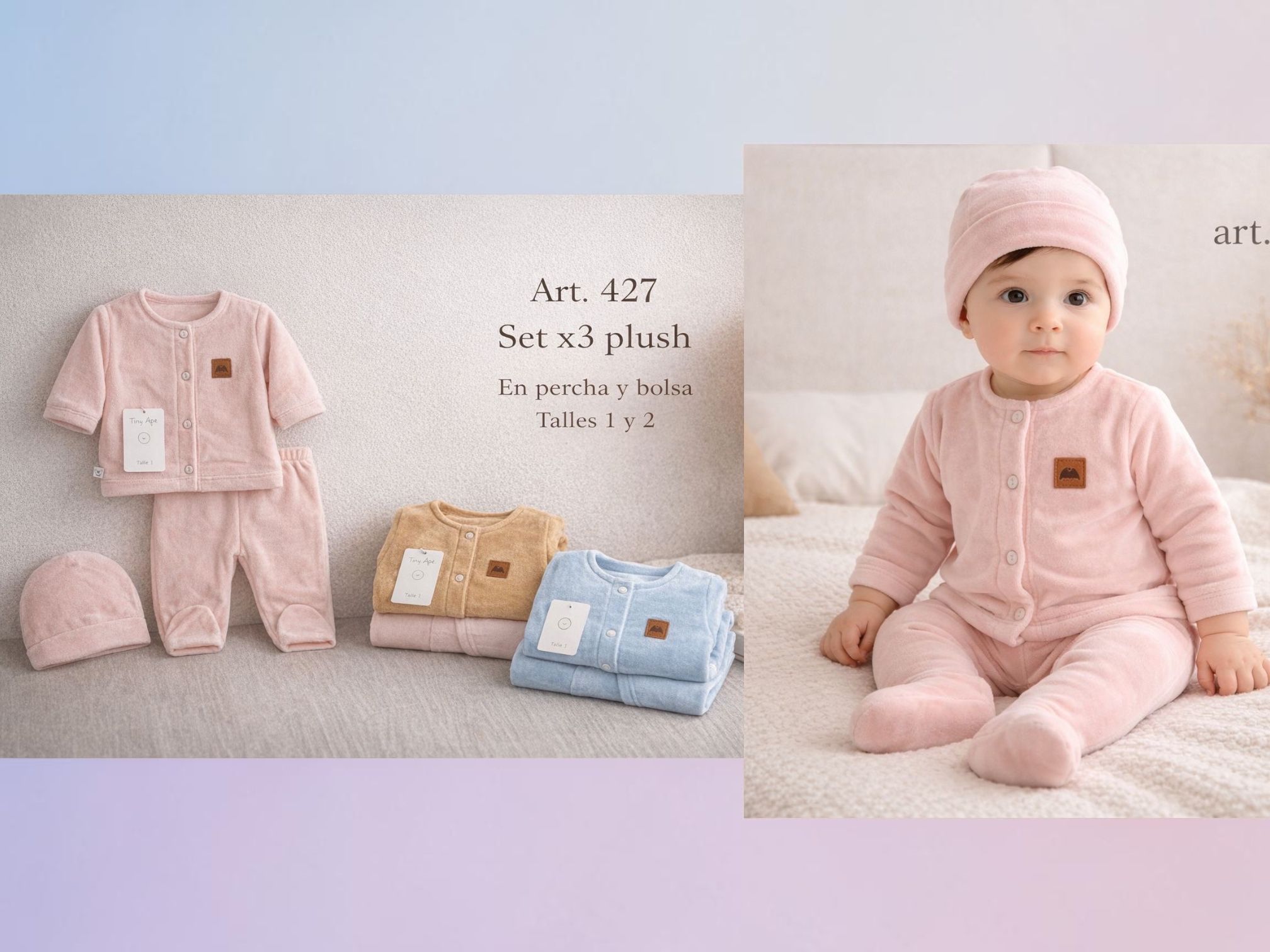 Conjunto 3 piezas Plush (Saquito, pantalon y gorro) Micky Baby T.(1 y 2) Art.427 Surtido de colores