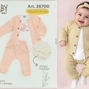 Conjunto 3 piezas NENA Yaby (Body jersey, saquito y pantalon “tela panal”) T.(RN/0-3/3-6 meses) Art.26700