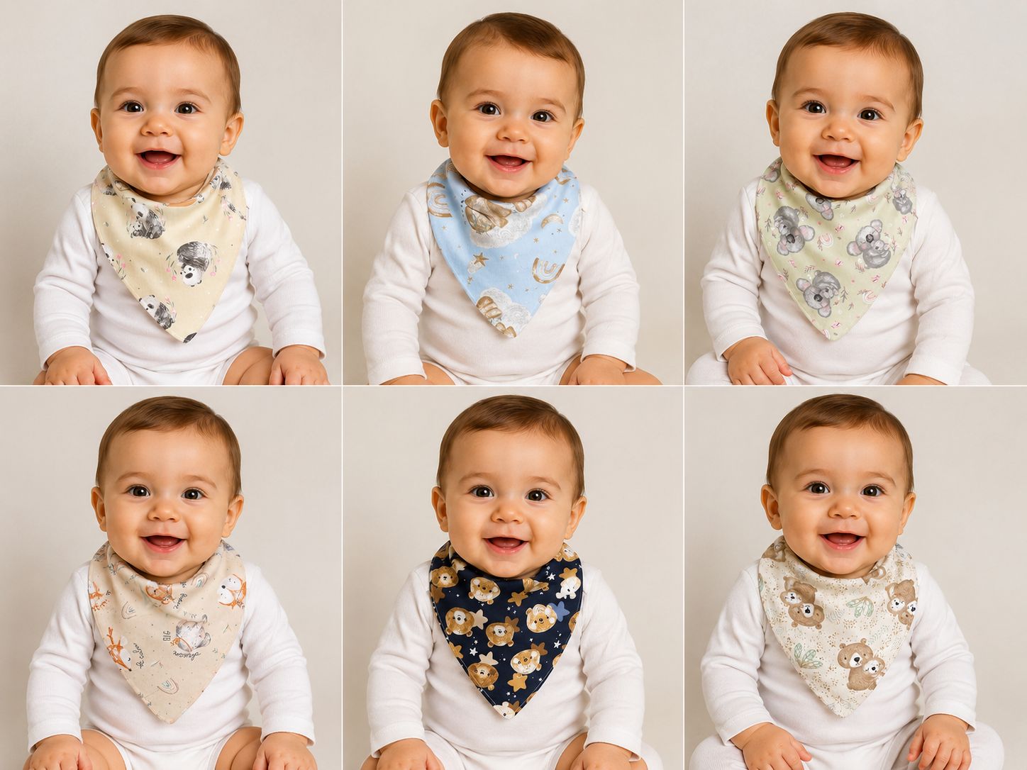 Babero bandana estampado con plastico "Pipi Babies" Pack x 6 Surtido de colores