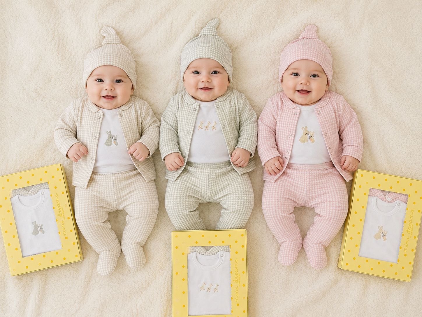 Set En Caja 4 Piezas Plush Darlon “Cuadrille” Dreams (Saquito, Medio Oso y gorro plush + Body Interlock) T.(0-1-2) Art.654