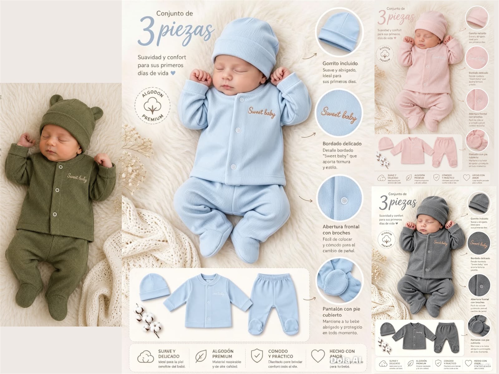 Conjunto 3 piezas “plush darlon” (Saquito, medio oso y gorro) T.(0 al 3) “Magali Babies”