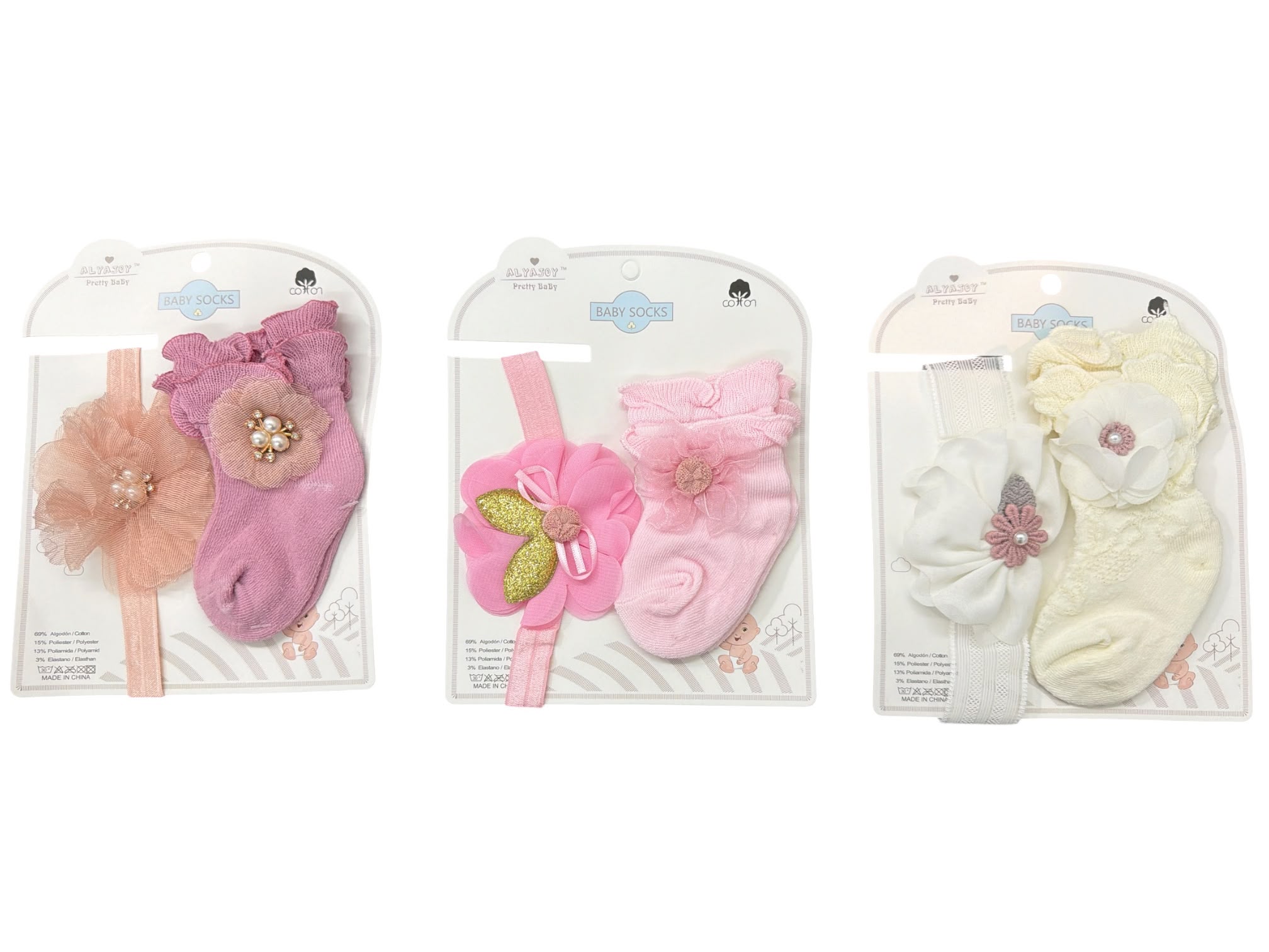 Set 2 piezas Media con Volados + Vincha con Aplique “Cotton Baby” Surtido de colores
