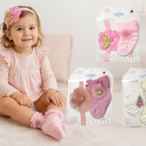 Set 2 piezas Media con Volados + Vincha con Aplique “Cotton Baby” Surtido de colores
