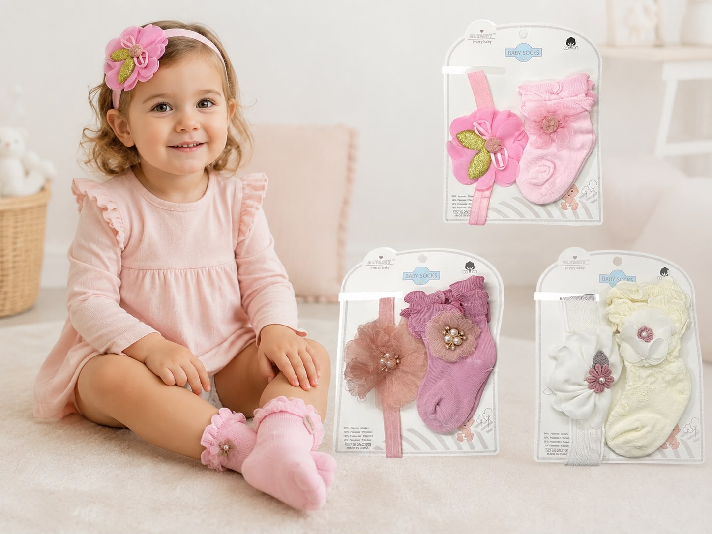 Set 2 piezas Media con Volados + Vincha con Aplique “Cotton Baby” Surtido de colores