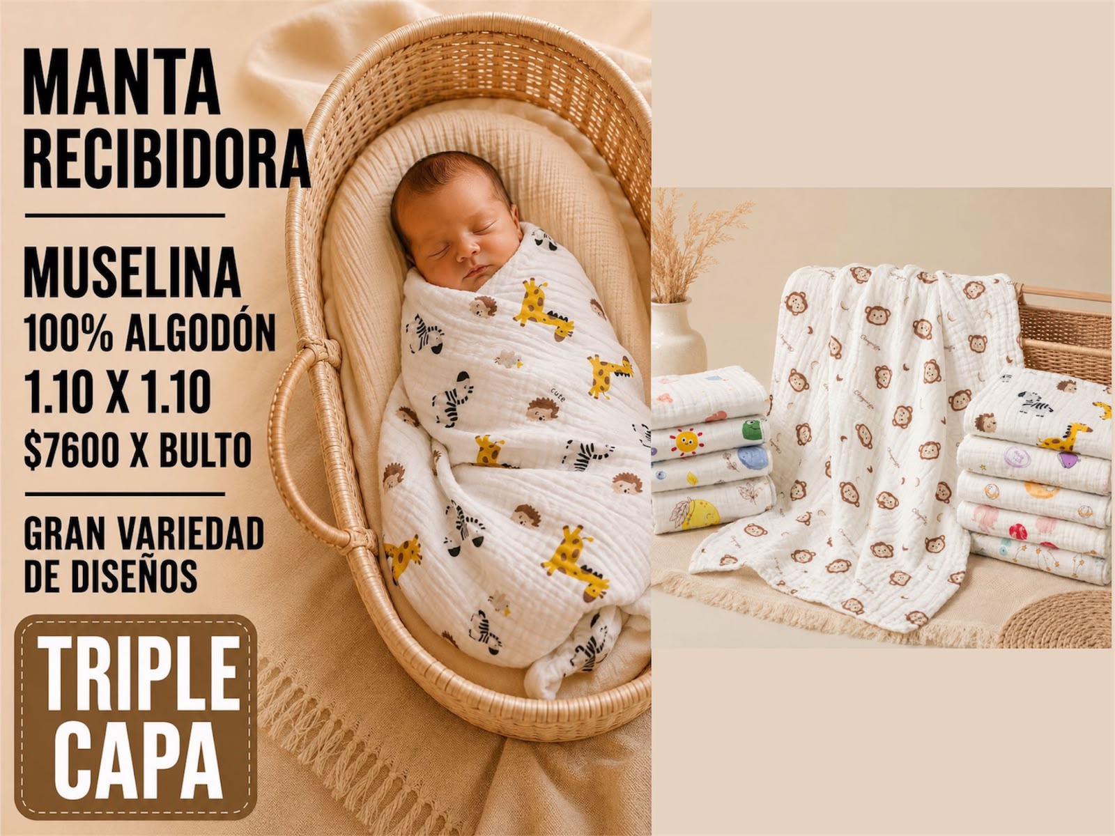 Manta Recibidora Muselina Tricapa (1.10 x 1.10m)  “Analia Babies” Surtidos de colores