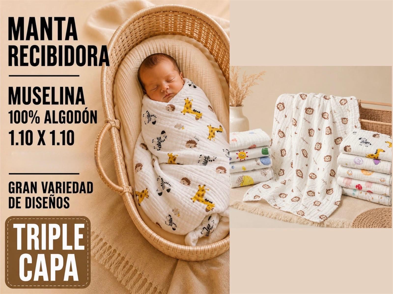 Manta Recibidora Muselina Tricapa (1.10 x 1.10m)  “Analia Babies” Surtidos de colores