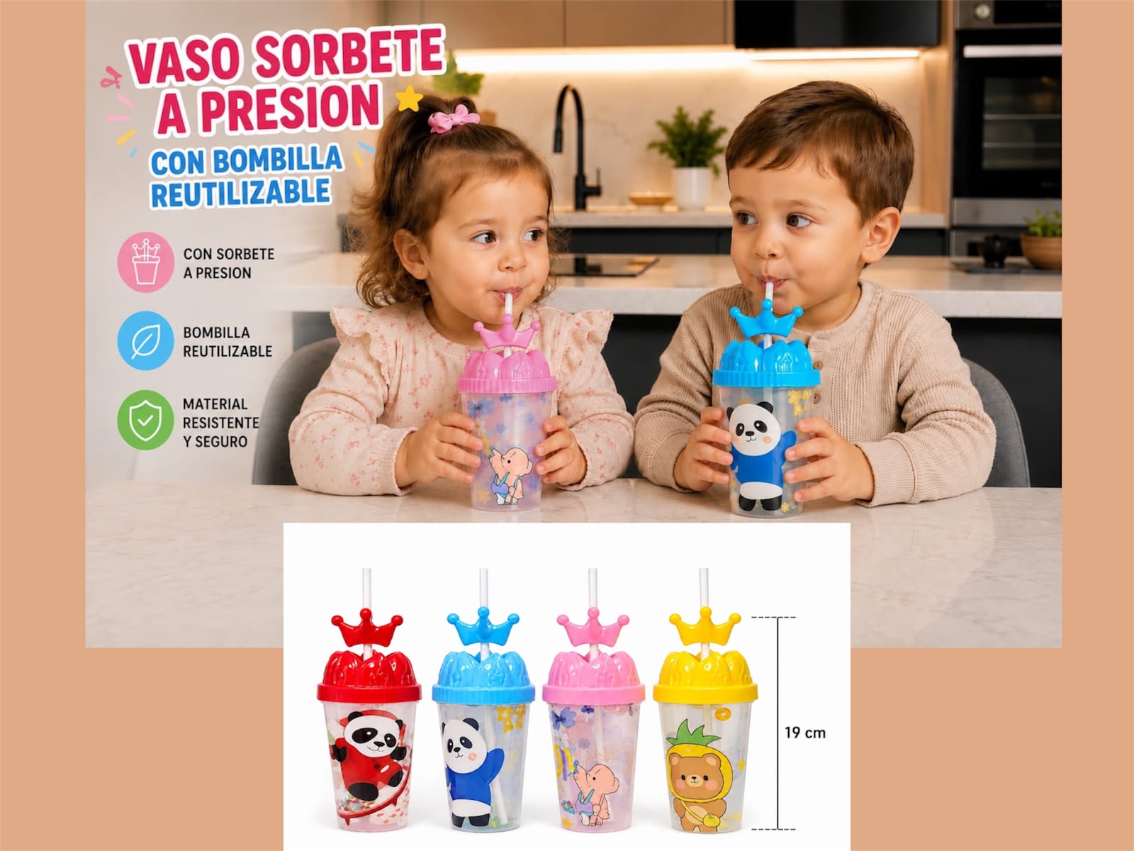 Vaso con sorbete a presion con bombilla reutilizable “Analia Babies” Surtido de colores
