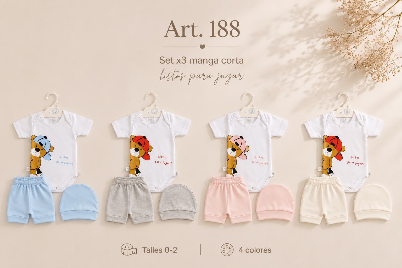 Conjunto 3 piezas Manga corta (Body, short y gorro) “Micky Baby” T.(0-1-2) Art.188
