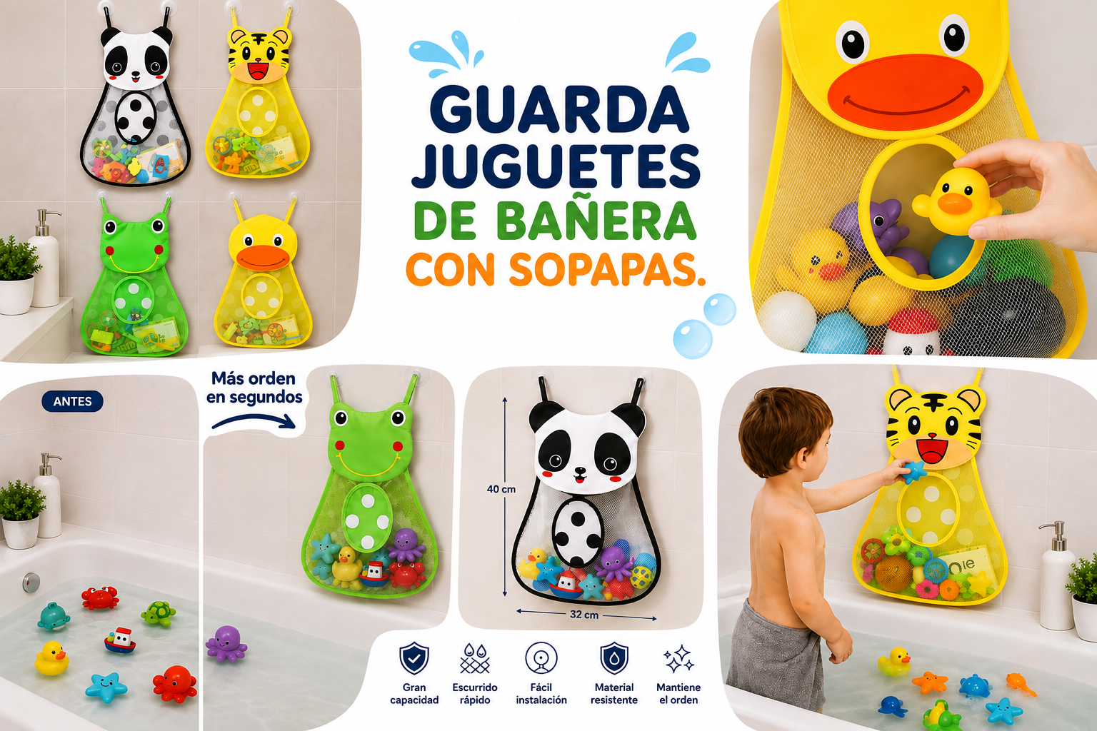 Organizador Guarda Juguetes con Sopapas de Bañera "Analia Bebes"