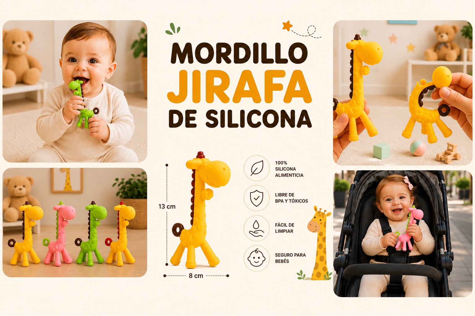 Mordillo Silicona Jirafa Libre BPA “Analia Babies” surtido de colores