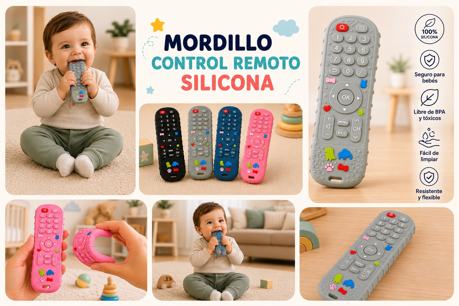 Mordillo Silicona Control Remoto Grande Libre BPA “Analia Babies” Surtido de colores