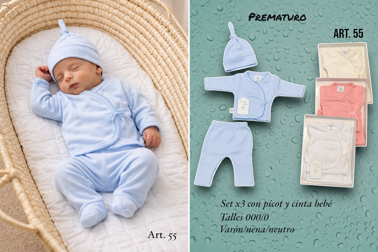 Set en Caja 3 Piezas con Picot y Cinta PREMATURO Micky Baby T. (000 al 0) Art. 55