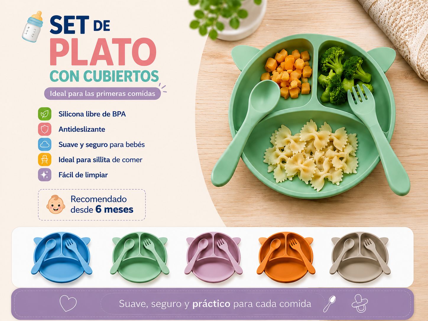 Plato silicona con cubiertos “Analia Babies” Surtido de colores