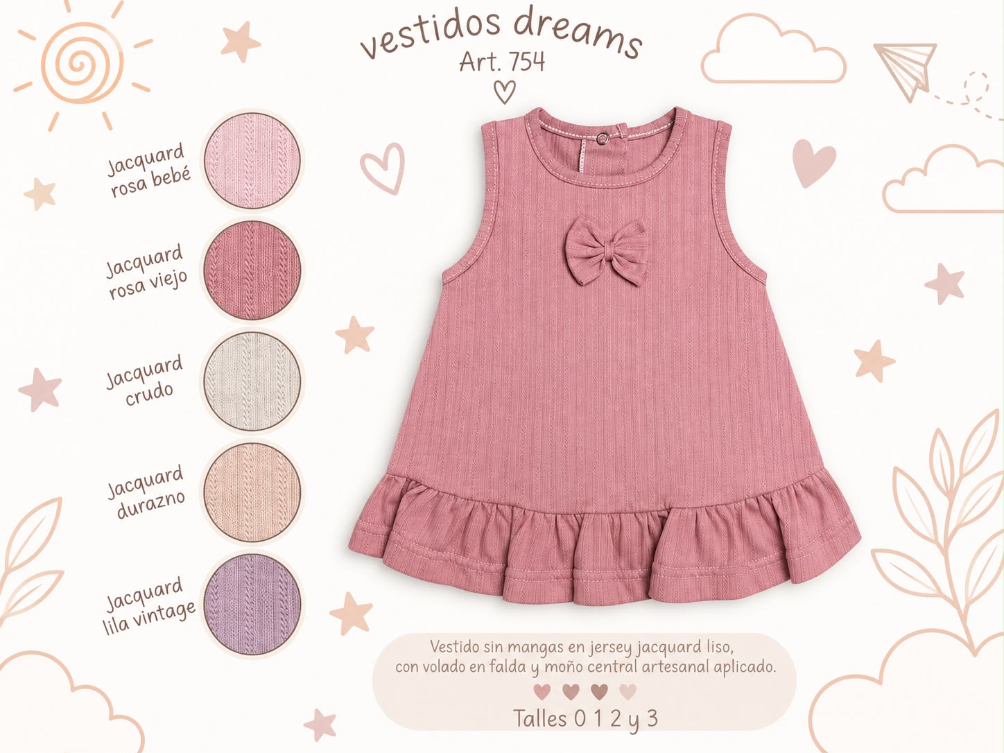 Solero “Algodon Labrado” con volados y moño Dreams T.(0 al 3) Art.754
