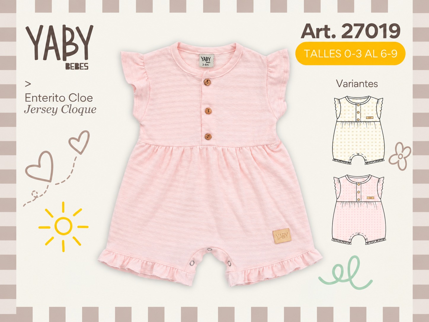 Entero “Cloque” con volados y cuello mao “Yaby” T.(0-3/3-6/6-9 meses) Art.27019
