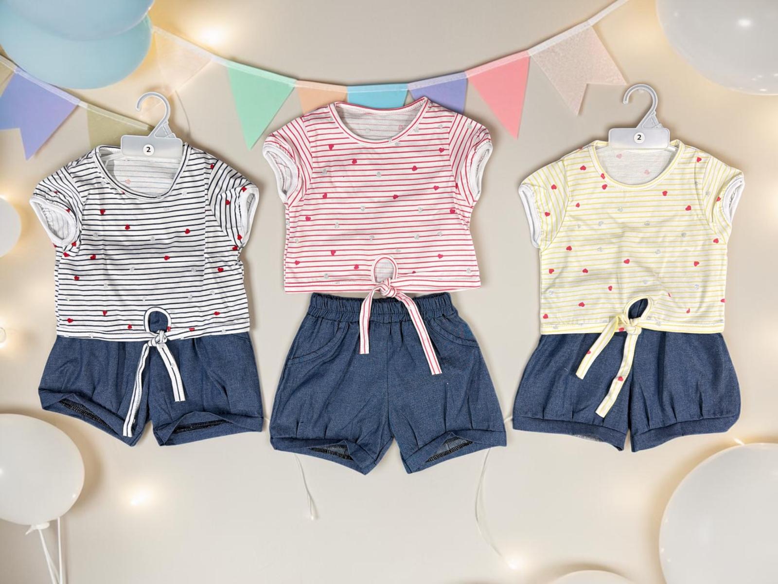Conjunto Nena Rayado Corazones (Remera algodon + Short Bombachon de Jean) “Bibis” T.(2 al 5)