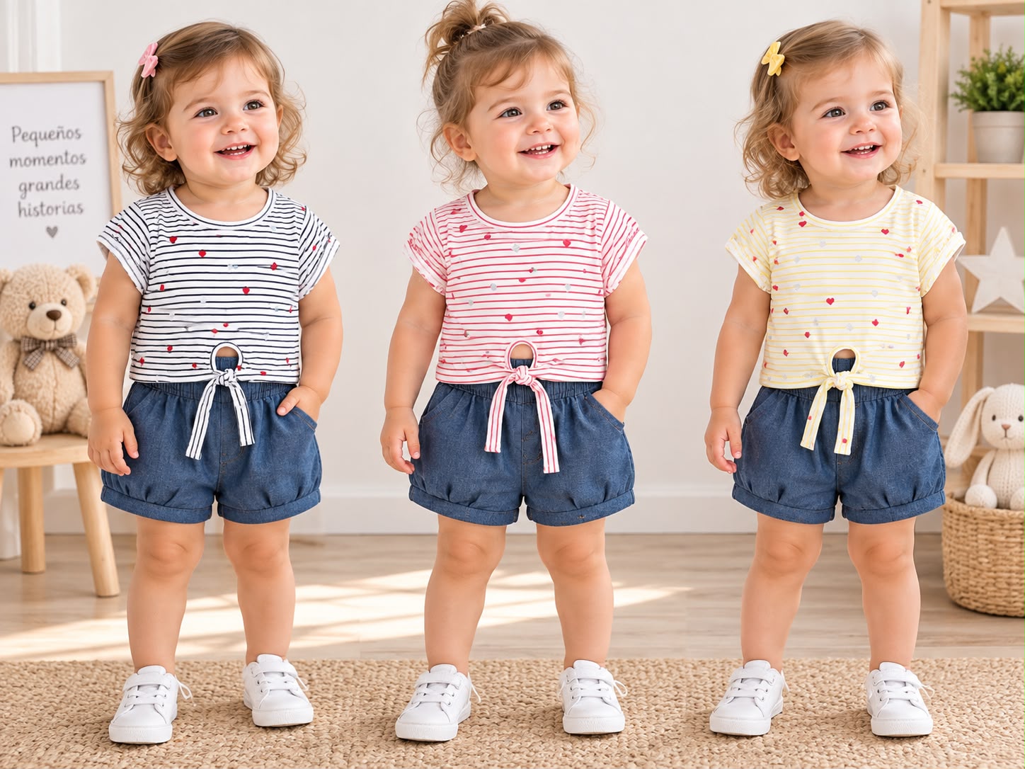 Conjunto Nena Rayado Corazones (Remera algodon + Short Bombachon de Jean) “Bibis” T.(2 al 5)