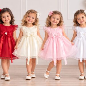 Vestido De Fiesta con moño Liso con Volados “Mariela Babies” T.(1 Al 5)(Hasta Los 3 Años)