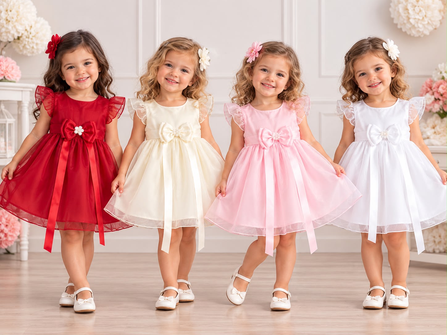 Vestido De Fiesta con moño Liso con Volados “Mariela Babies” T.(1 Al 5)(Hasta Los 3 Años)
