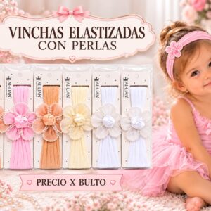 Vincha elastizada “Flor con perlas” Analia Babies Pack x 12
