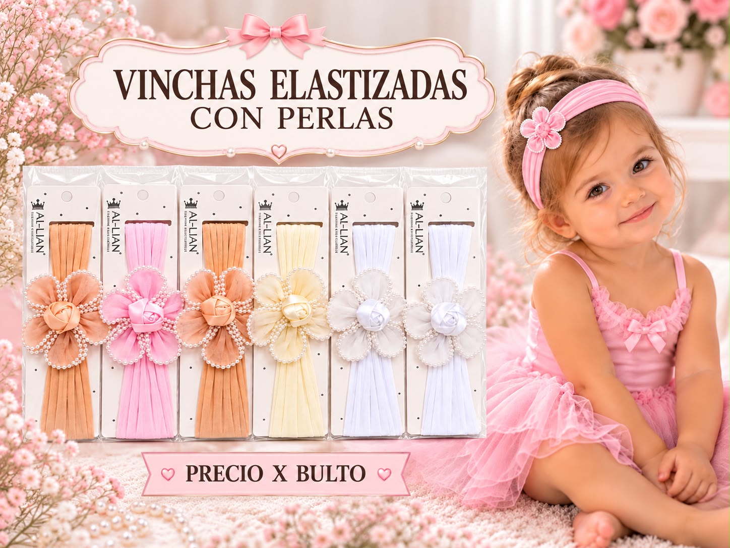 Vincha elastizada “Flor con perlas” Analia Babies Pack x 12