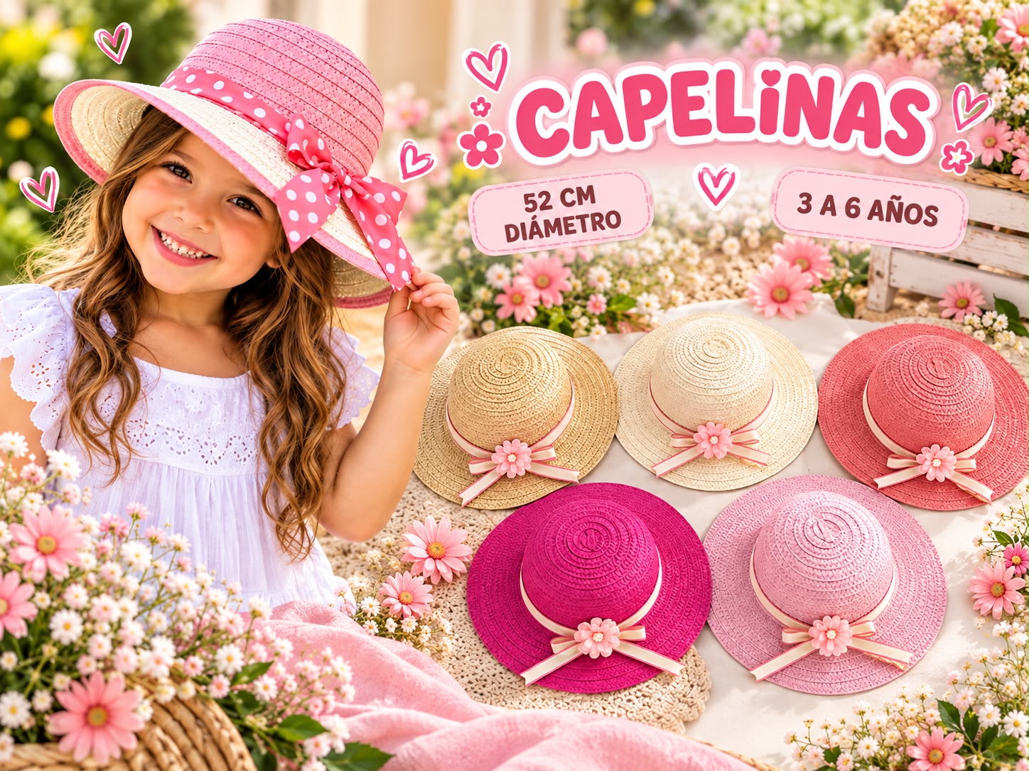 Capelinas “Rafia” Talle Unico (3 a 6 años) “Analia Babies” Surtido de colores