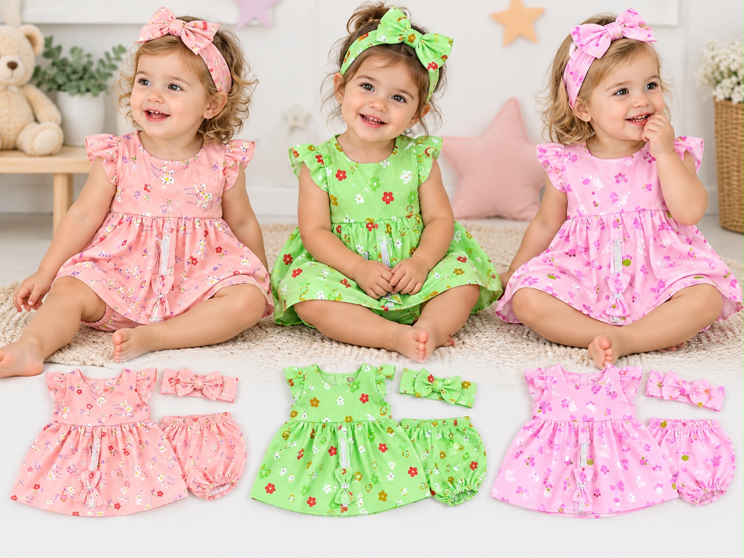 Conjunto 3 piezas Linon Estampado (Vestido, bombachon y vincha) "Os Babies" T.(1 al 4)