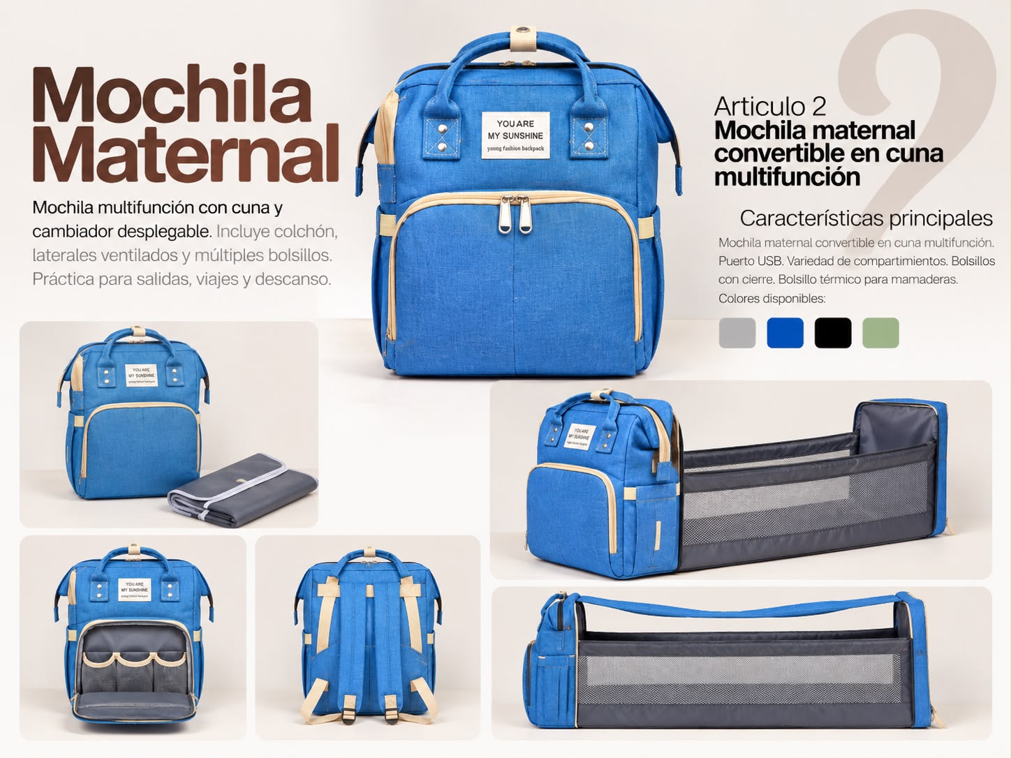 Mochila maternal convertible en Cuna Multifuncion COLOR AZUL "Sunshine" Art.02