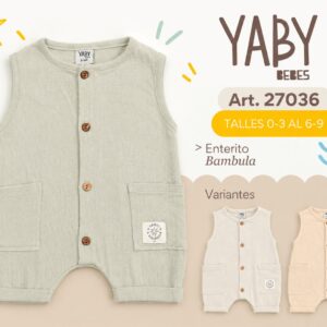 Entero Sin Manga con broche “Bambula” YABY T.(0-3/3-6/6-9 meses) Art.27036