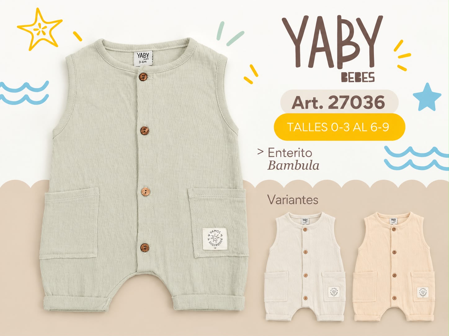 Entero Sin Manga con broche “Bambula” YABY T.(0-3/3-6/6-9 meses) Art.27036