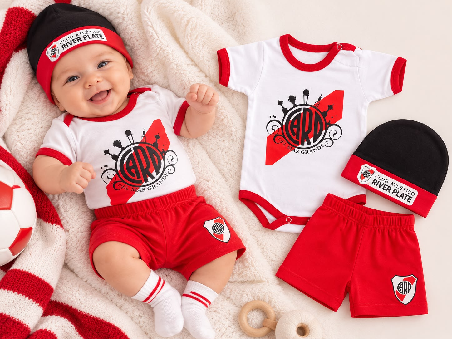 Set 3 piezas manga corta (Body, Short y gorro) “River Plate” Talle Unico (En Blister)